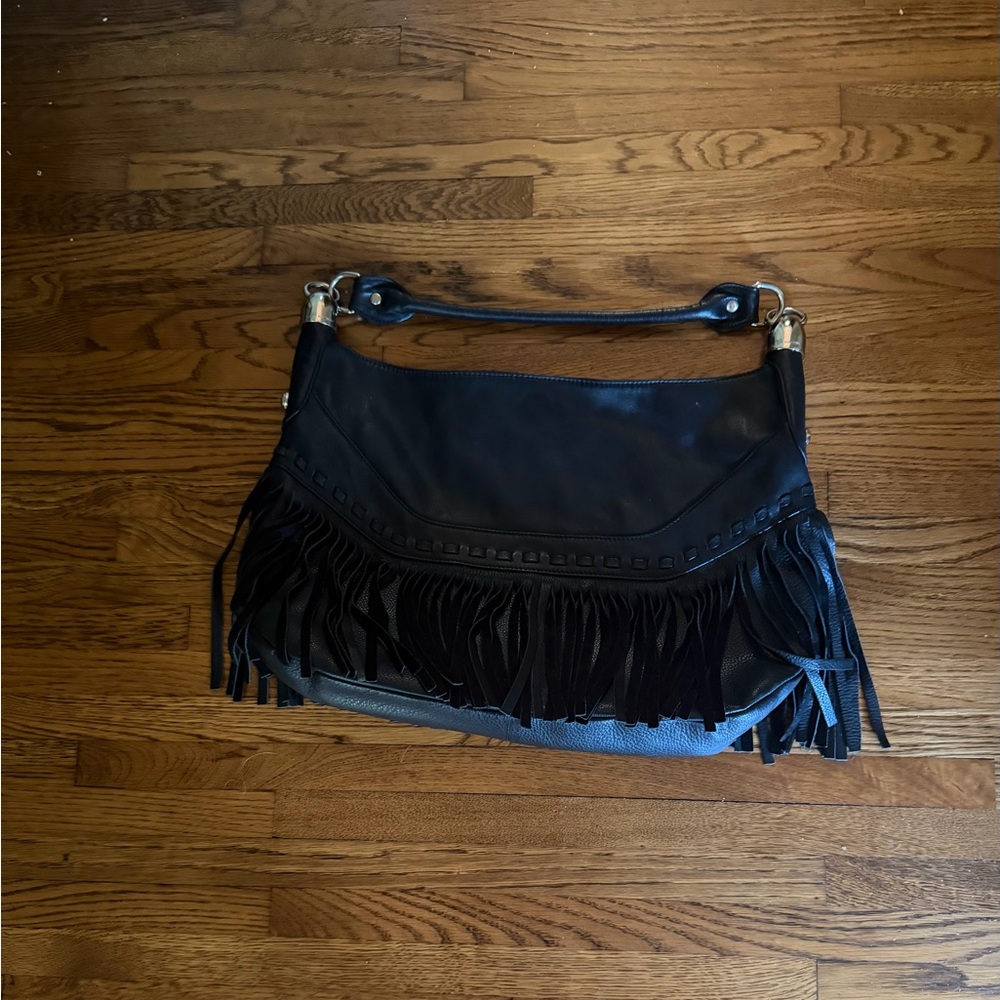 Black Fringe Leather Shoulder Bag - Picture 2 of 5